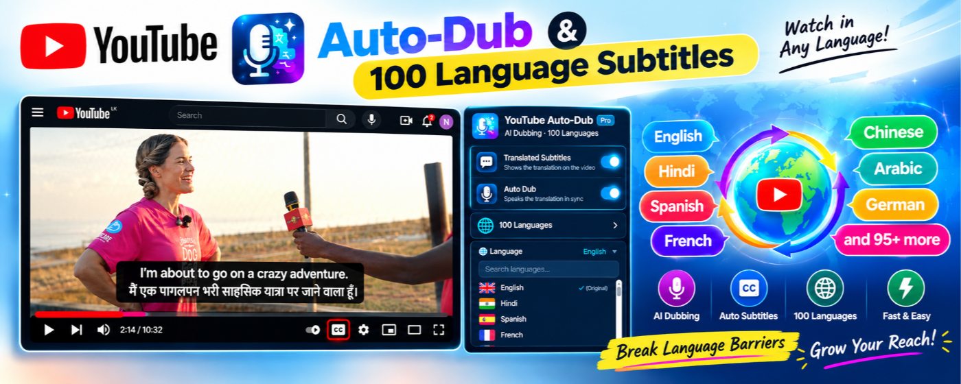 YouTube Auto-Dub Chrome extension showing AI voice dubbing and translated subtitles in 100+ languages